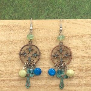 🌼 Cross Patina Beaded Dangle Earrings